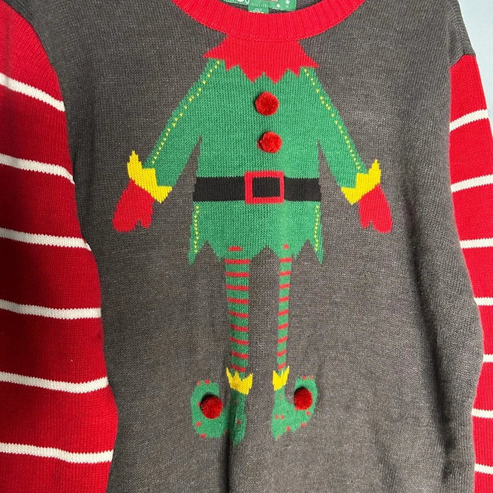 Ugly Christmas Sweater Mens Large Elf Design‎ Red Striped Sleeves Holiday Party